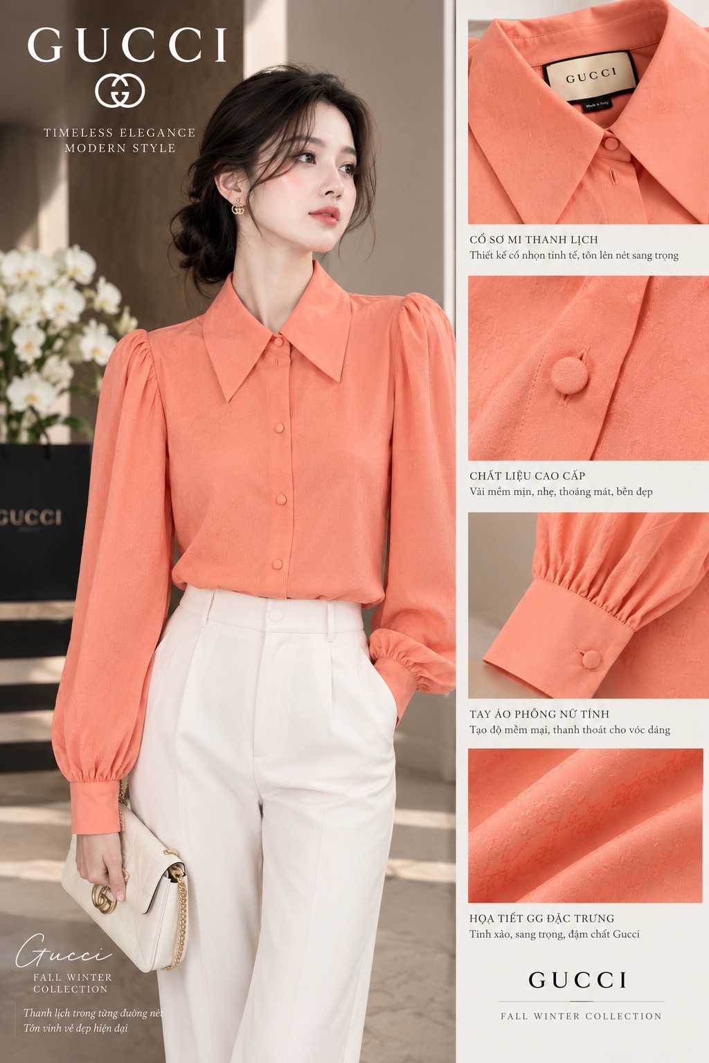 Sơ mi lụa GG tay bồng màu hồng - SNV_ 721666