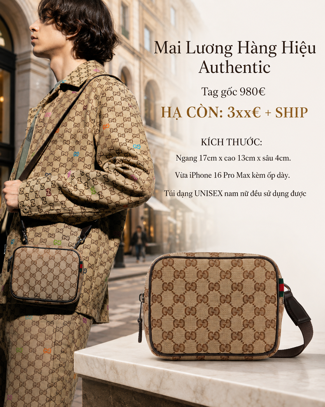 Túi GG nâu full logo viền da - 834268 - KT: 17 x 13 x 4 Ip 16 prm + ốp dày thoải mái