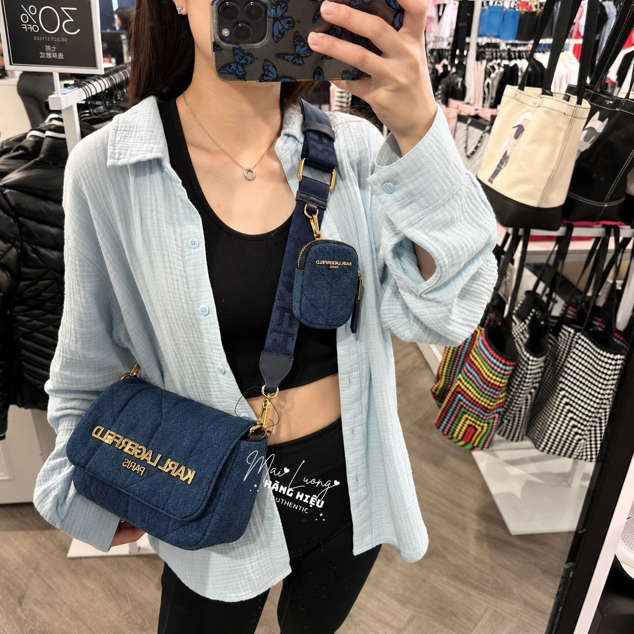 Túi Karl xanh navy vải logo vàng - LH5EG4CC - KT: 21*15*7