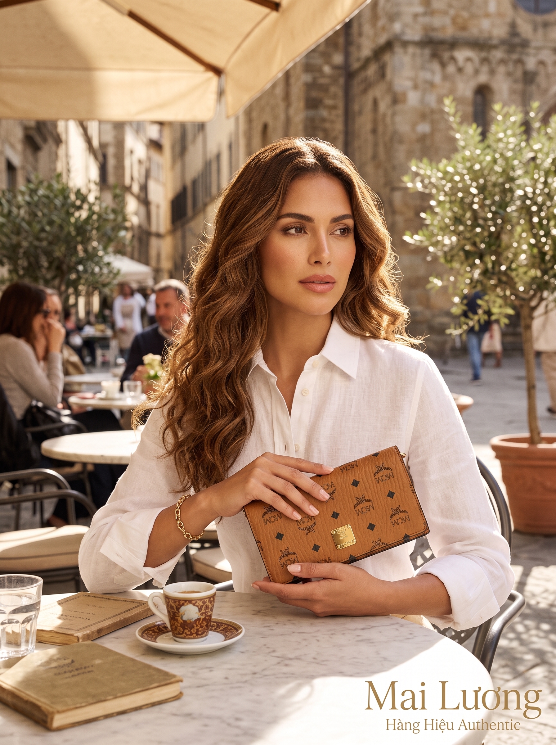 Túi MCM Aren Visetos Crossbody màu cognac họa tiết - 21x9x5