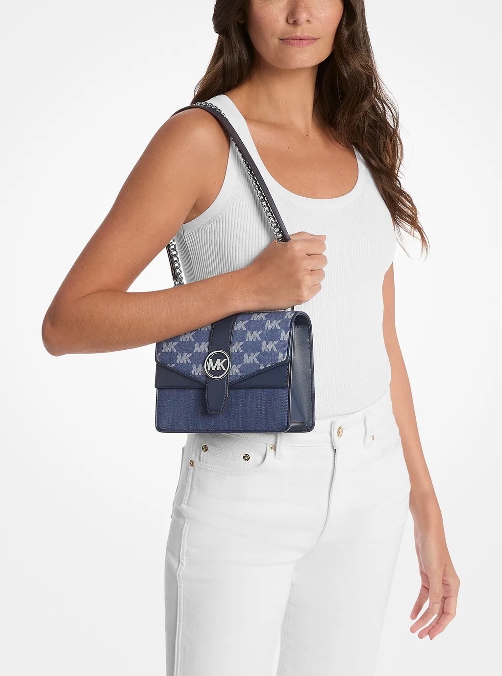 Túi MK Greenwich màu xanh bò logo bạc • KT • 20 x 15 x 7 - 35T5SGRC1J