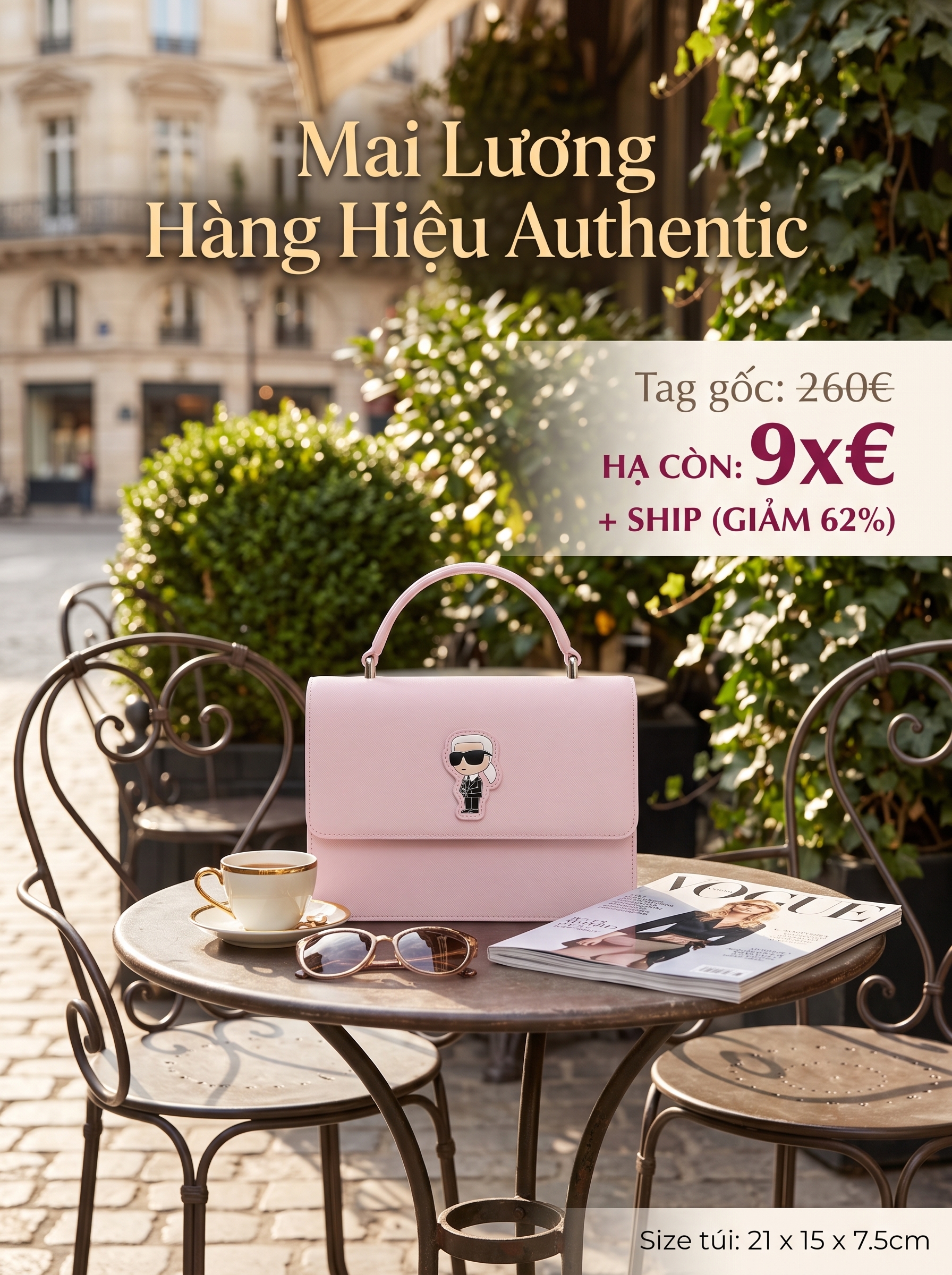 Túi karl tophandle hồng logo ikonik - ARW30006 - 21x15x7.5