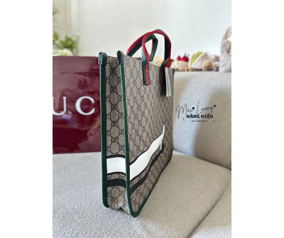 Túi tote GG kid nâu full logo viền xanh hoạ tiết trắng - SNV - KT • 32 x 30 x 7 - 605831