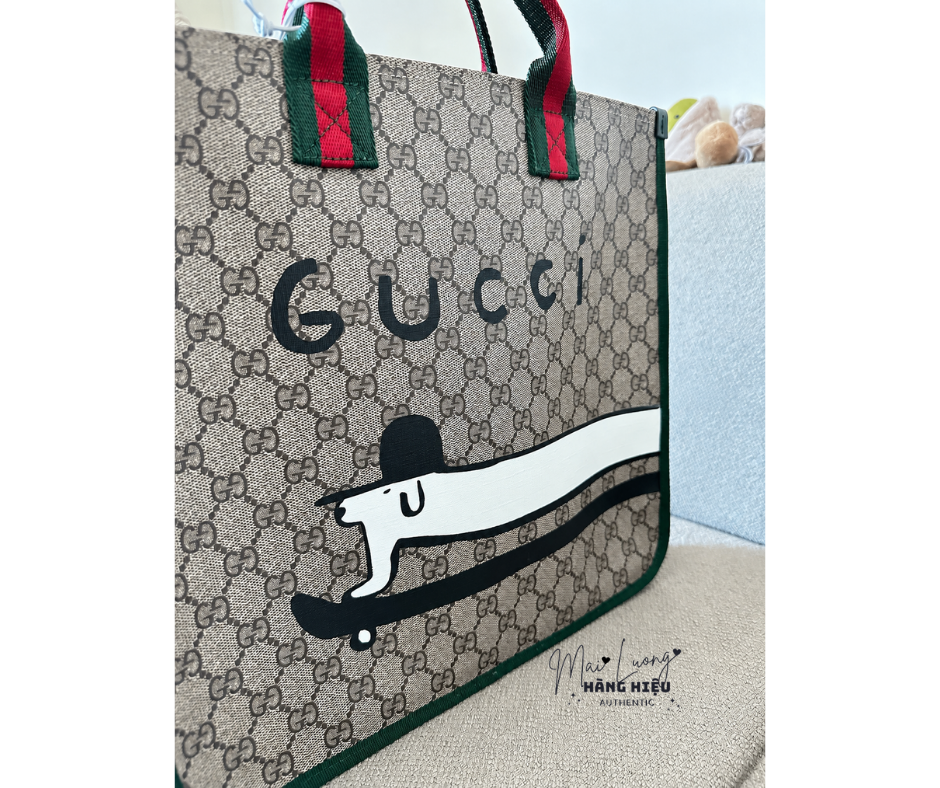 Túi tote GG kid nâu full logo viền xanh hoạ tiết trắng - SNV - KT • 32 x 30 x 7 - 605831