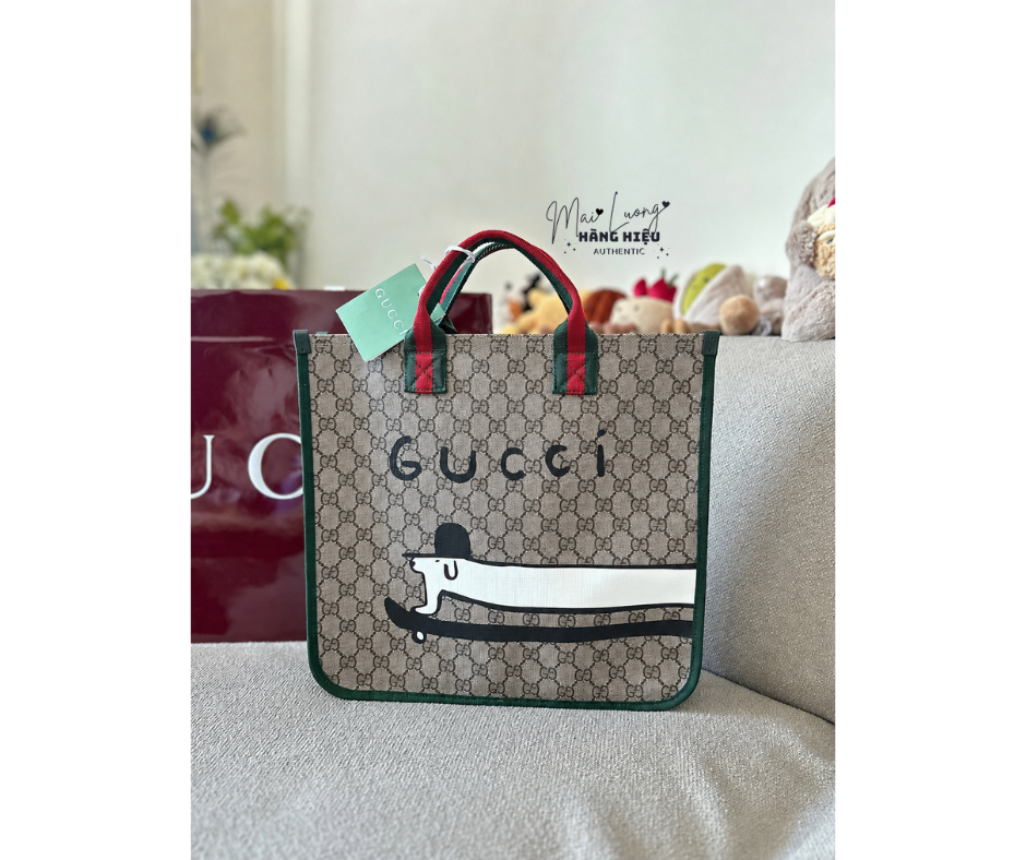 Túi tote GG kid nâu full logo viền xanh hoạ tiết trắng - SNV - KT • 32 x 30 x 7 - 605831