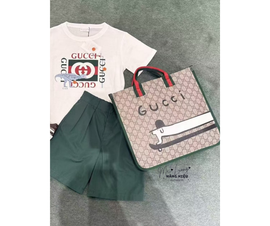 Túi tote GG kid nâu full logo viền xanh hoạ tiết trắng - SNV - KT • 32 x 30 x 7 - 605831