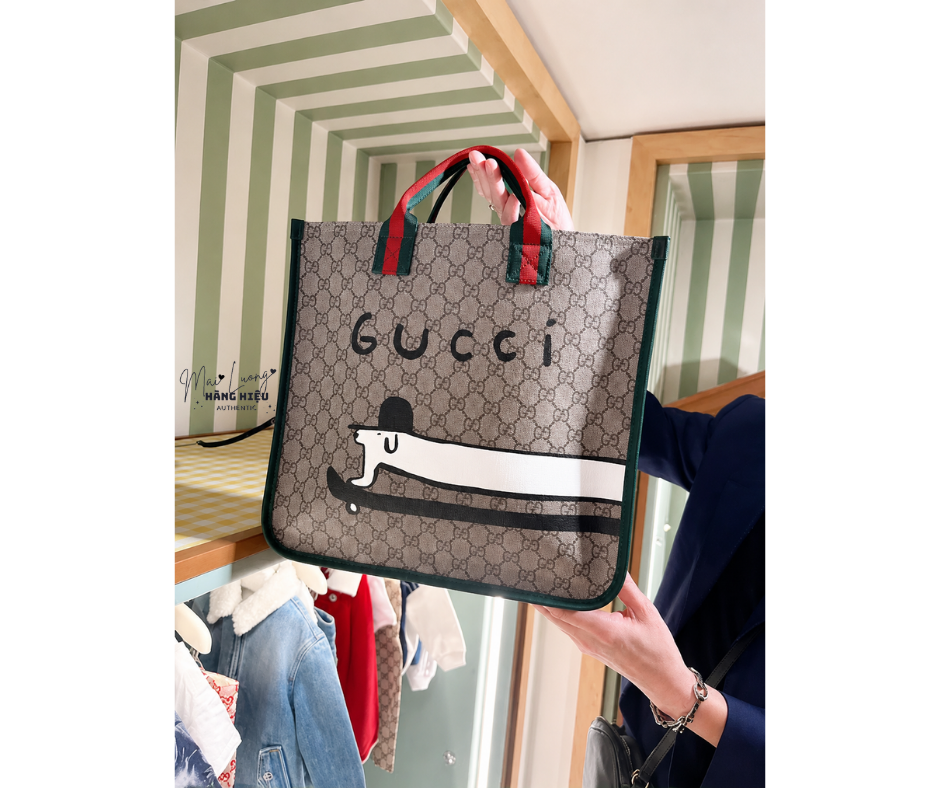 Túi tote GG kid nâu full logo viền xanh hoạ tiết trắng - SNV - KT • 32 x 30 x 7 - 605831