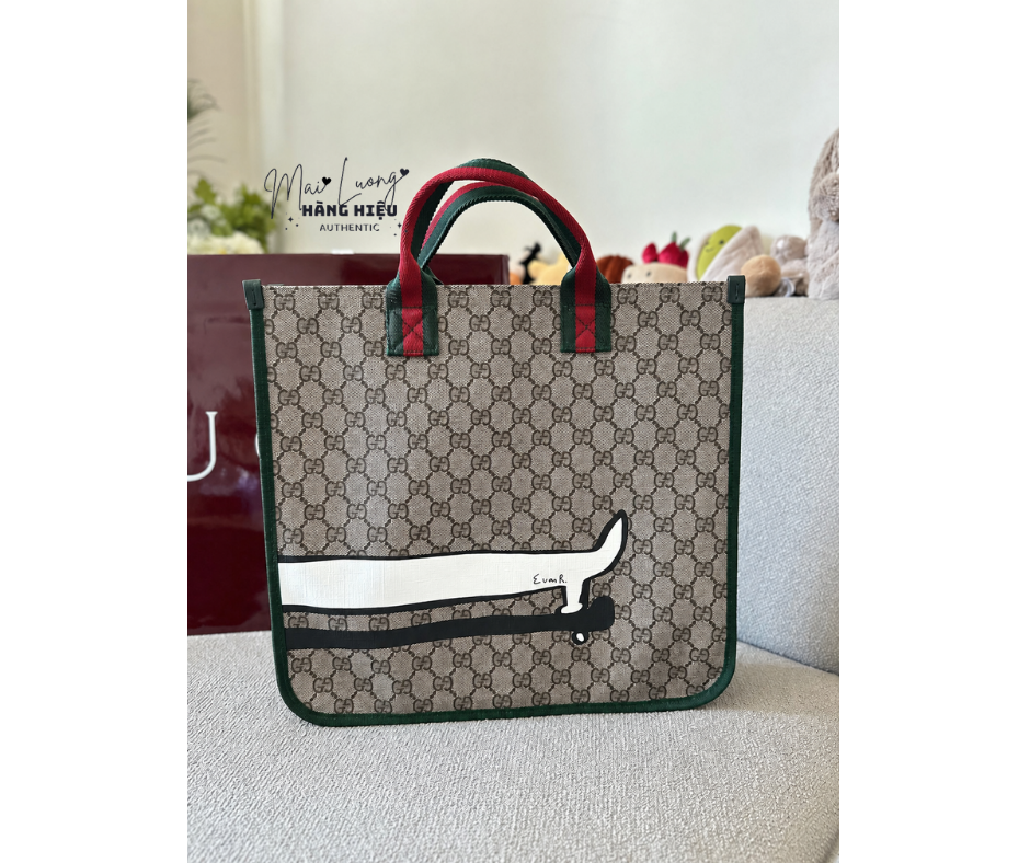 Túi tote GG kid nâu full logo viền xanh hoạ tiết trắng - SNV - KT • 32 x 30 x 7 - 605831