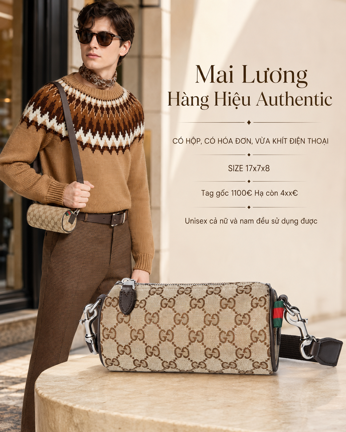 Túi trống GG nâu full logo viền da 834269