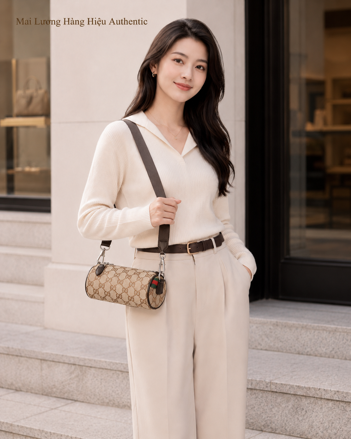 Túi trống GG nâu full logo viền da 834269