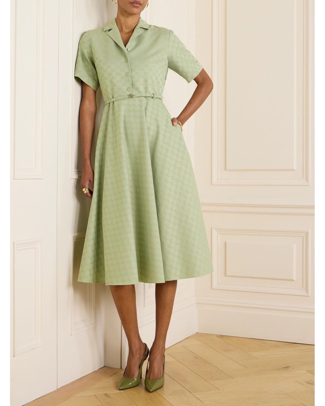 Váy GG dáng dài màu xanh Green full + belt logo - SNV - 818349