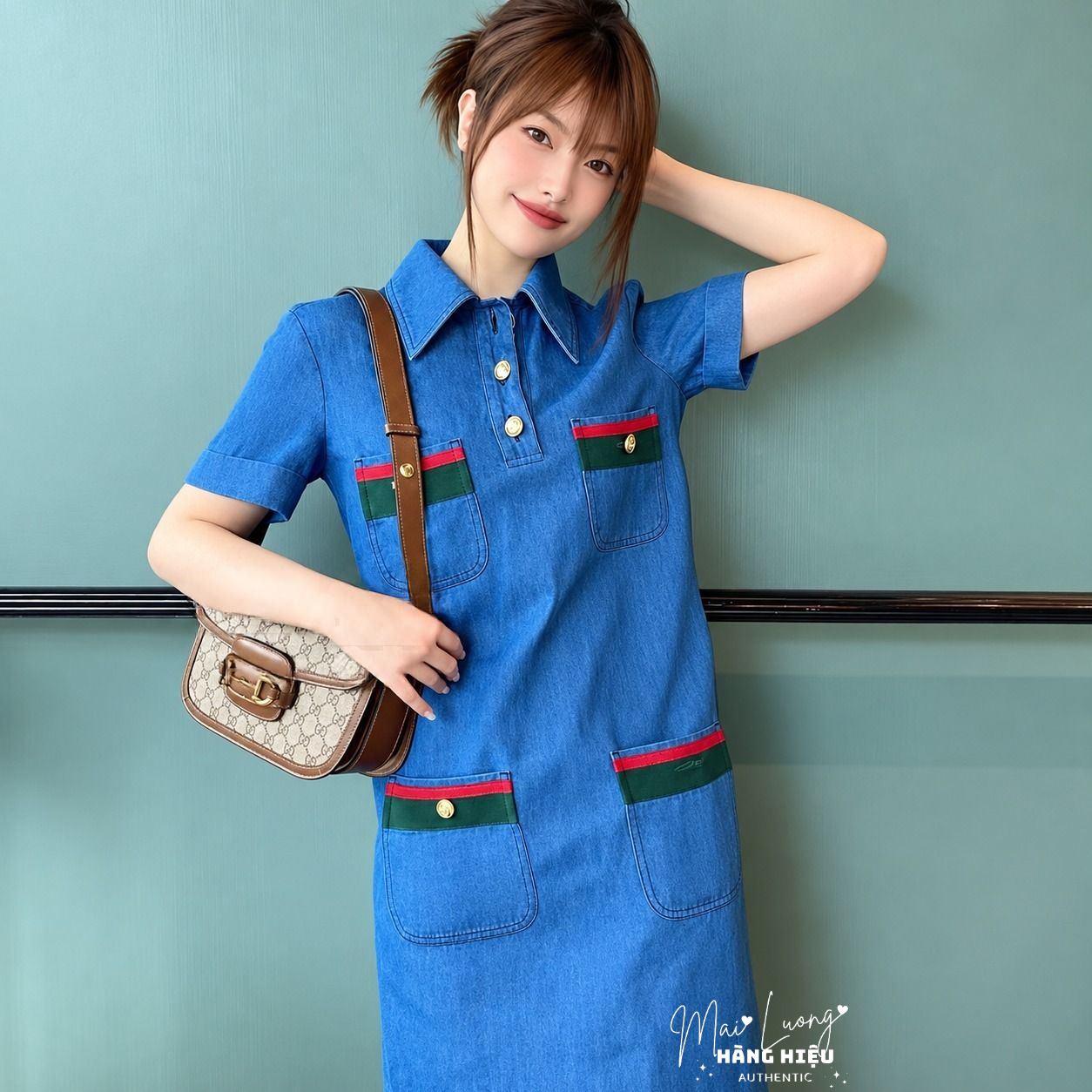 Váy GG denim xanh khuy vàng - SNV 753515