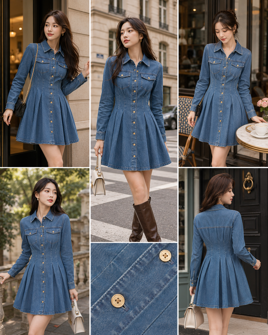 Váy Jean Mk dài tay xanh khóa vàng JS683G1JGX#