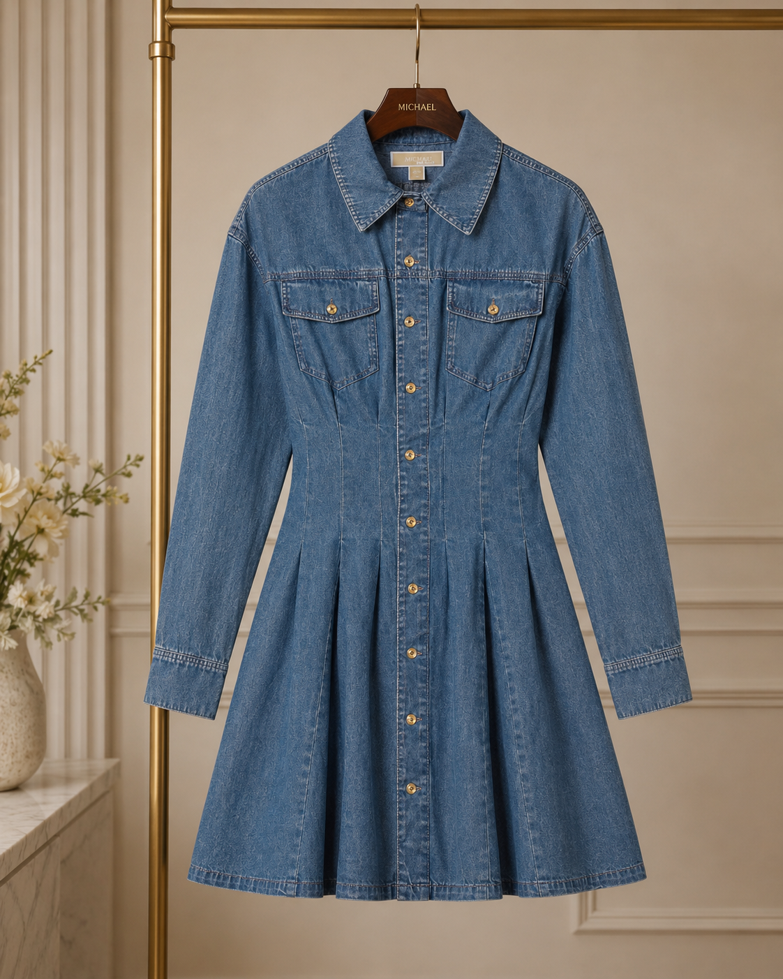 Váy Jean Mk dài tay xanh khóa vàng JS683G1JGX#