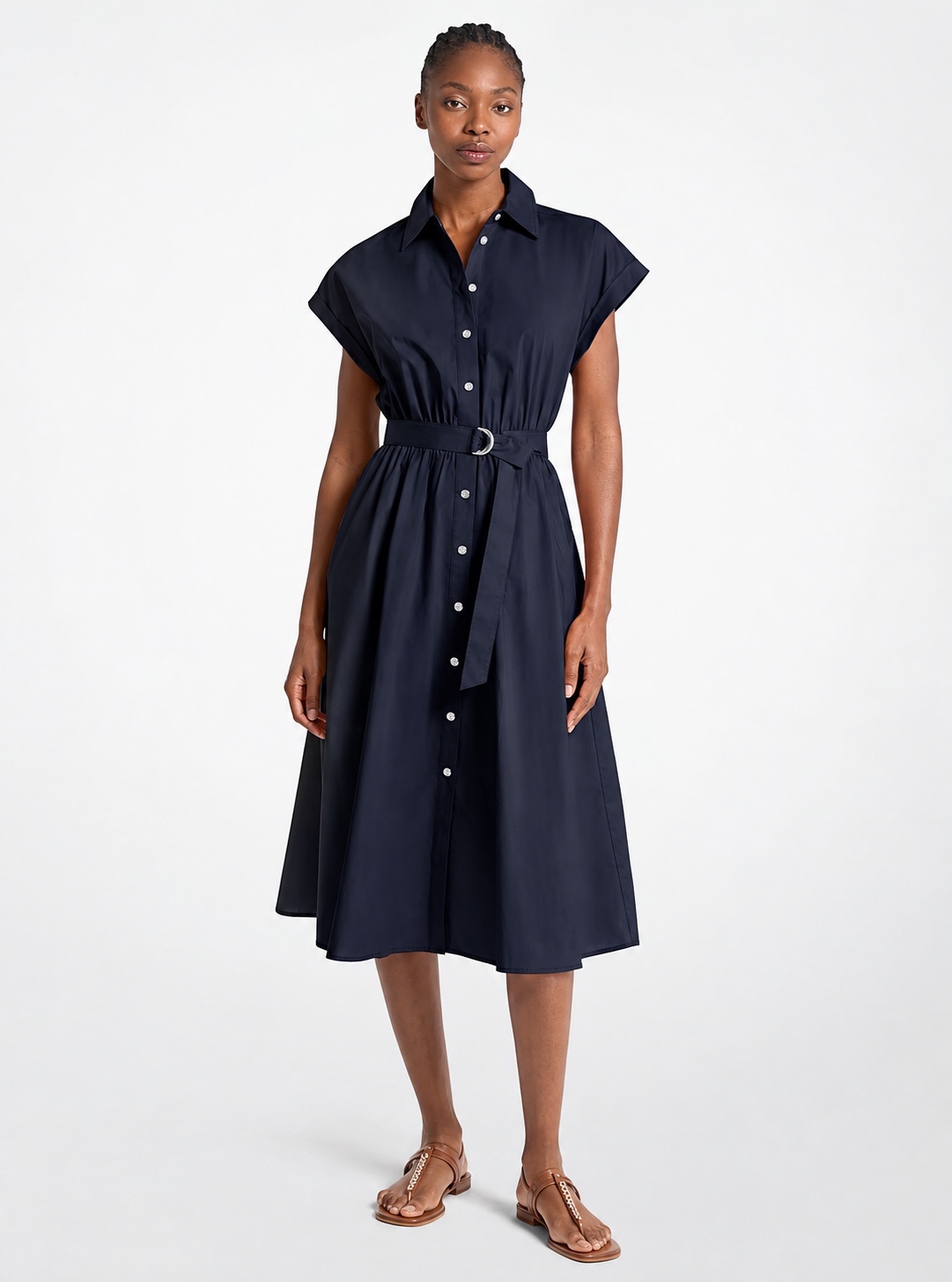 Váy MK màu xanh navy - khuy bạc + belt- JS683FQKLZ