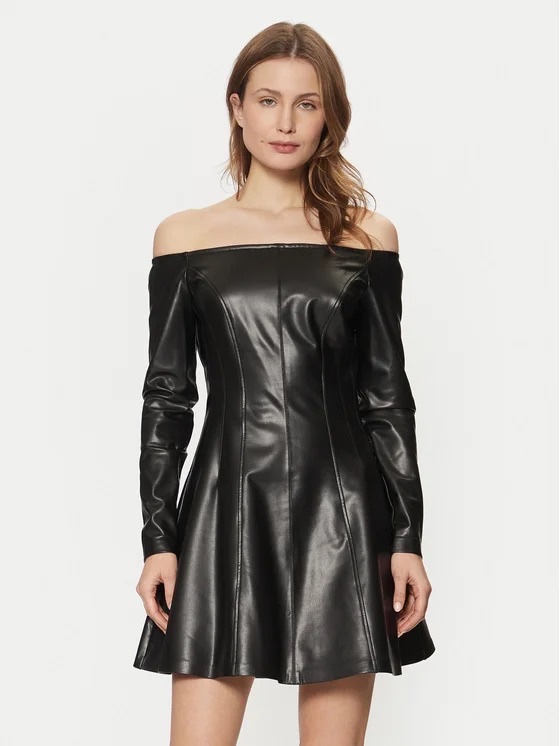 Váy da Guess trễ vai chân xòe đen