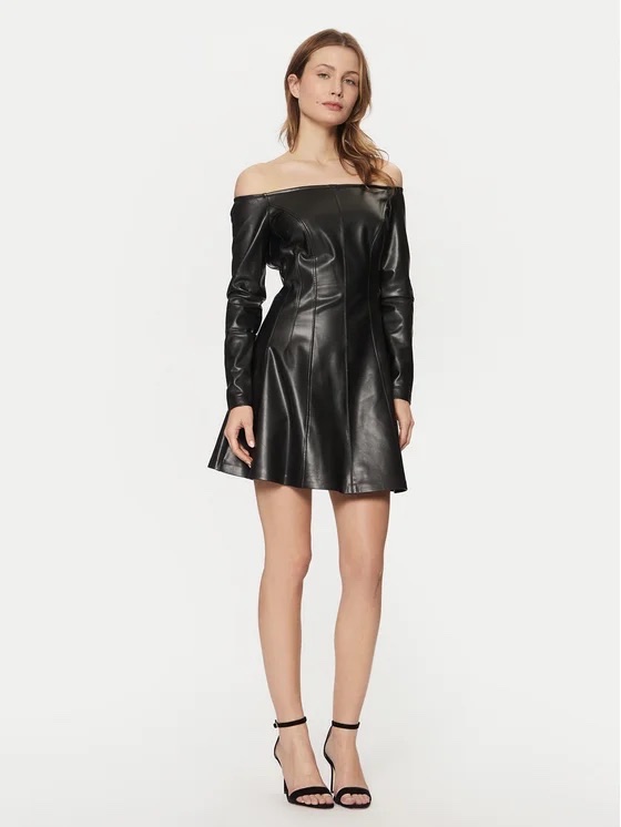Váy da Guess trễ vai chân xòe đen