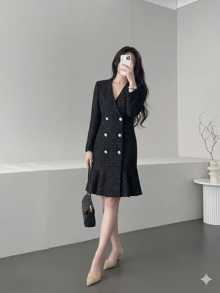 Váy dài tay Karl đen phối chỉ ánh bạc 2 hàng 6 khuy L04HTF17