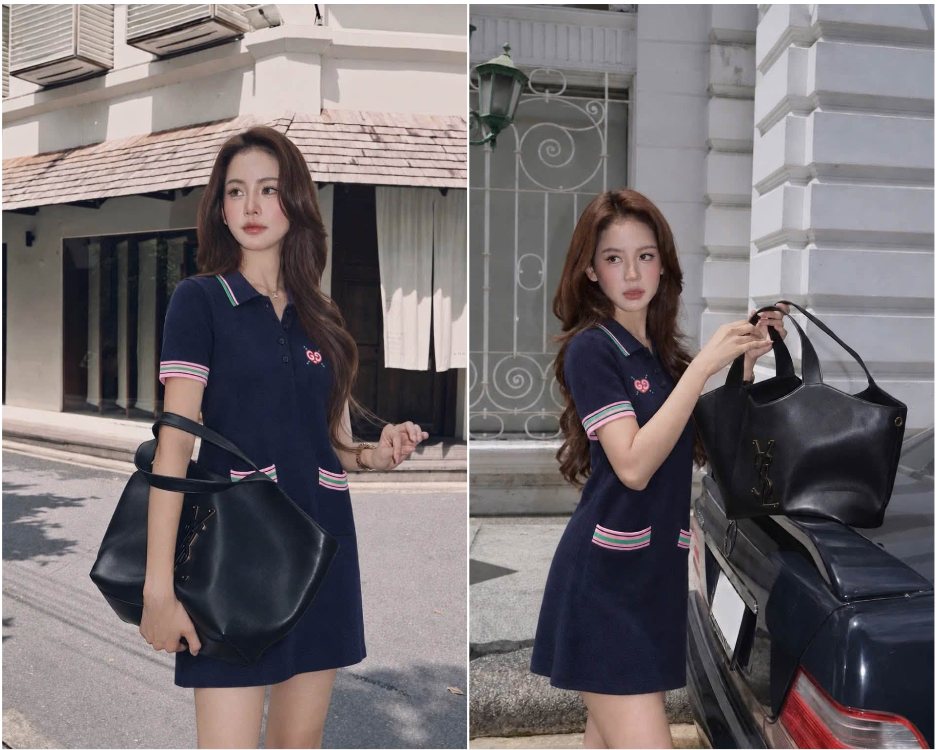 Váy len GG xanh navy viền hồng logo thêu - SNV - 782256