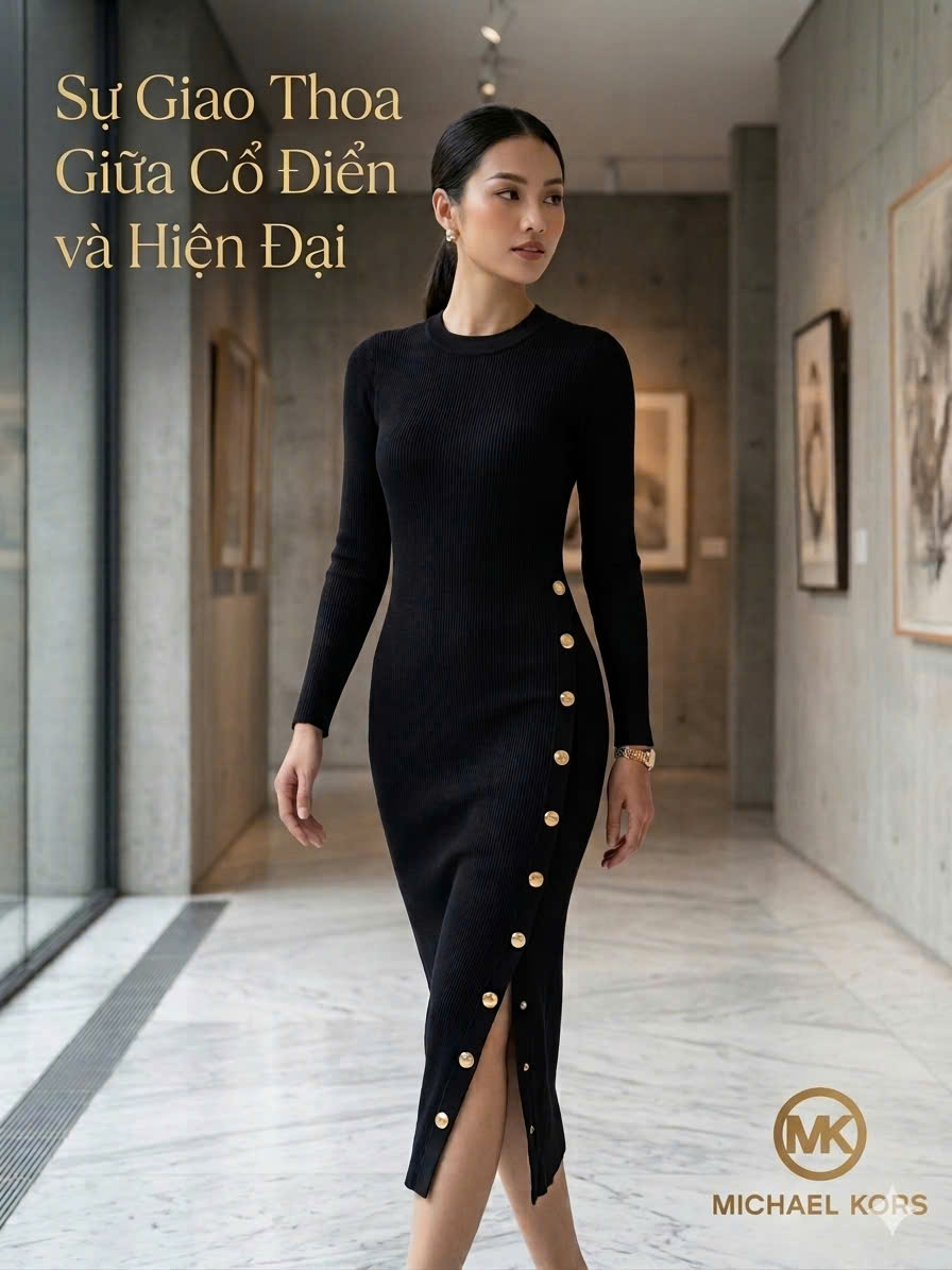 Váy len MK dáng dài màu đen khuy vàng - JR683AX52V