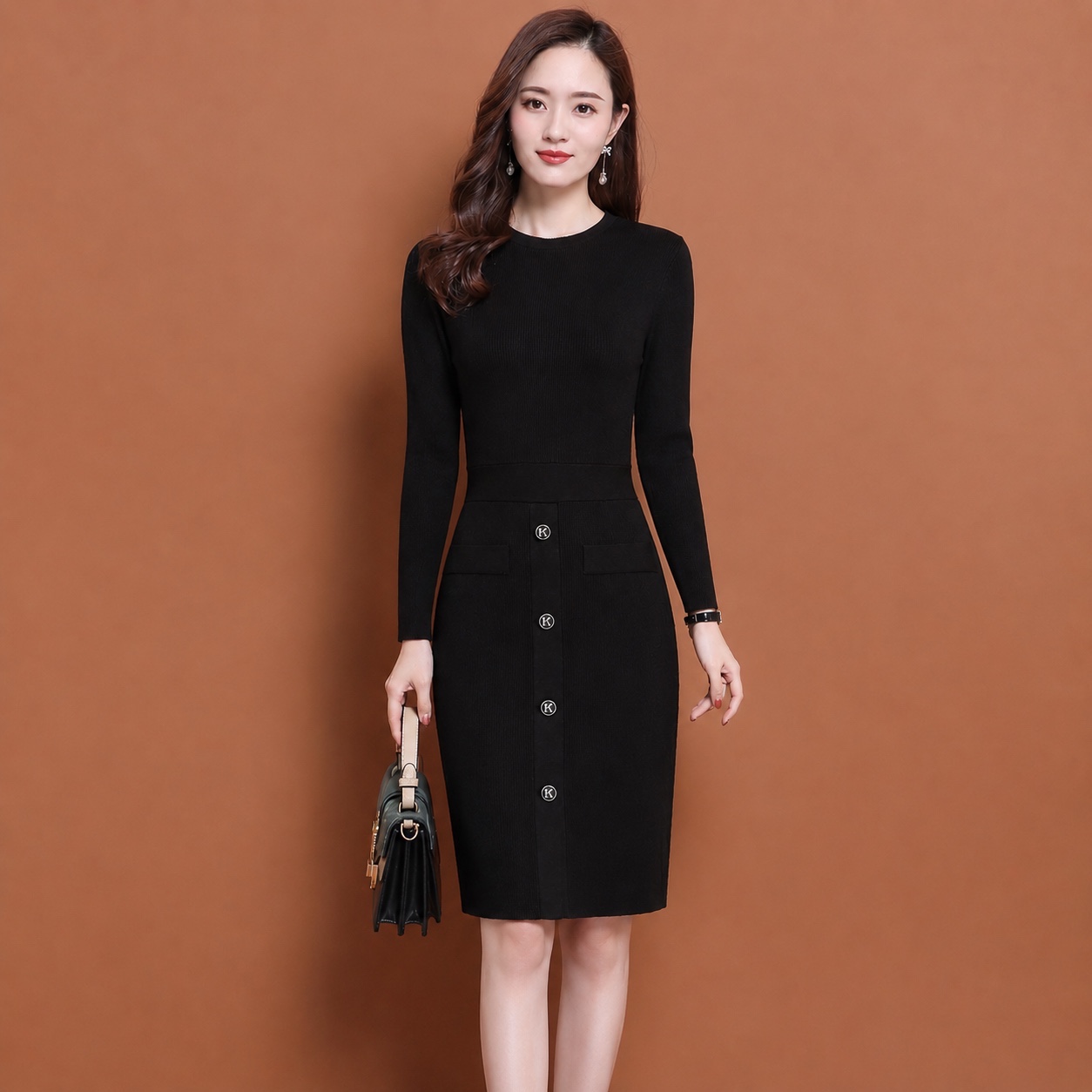 Váy len karl dài tay khuy logo k Button knitted BRW 13001