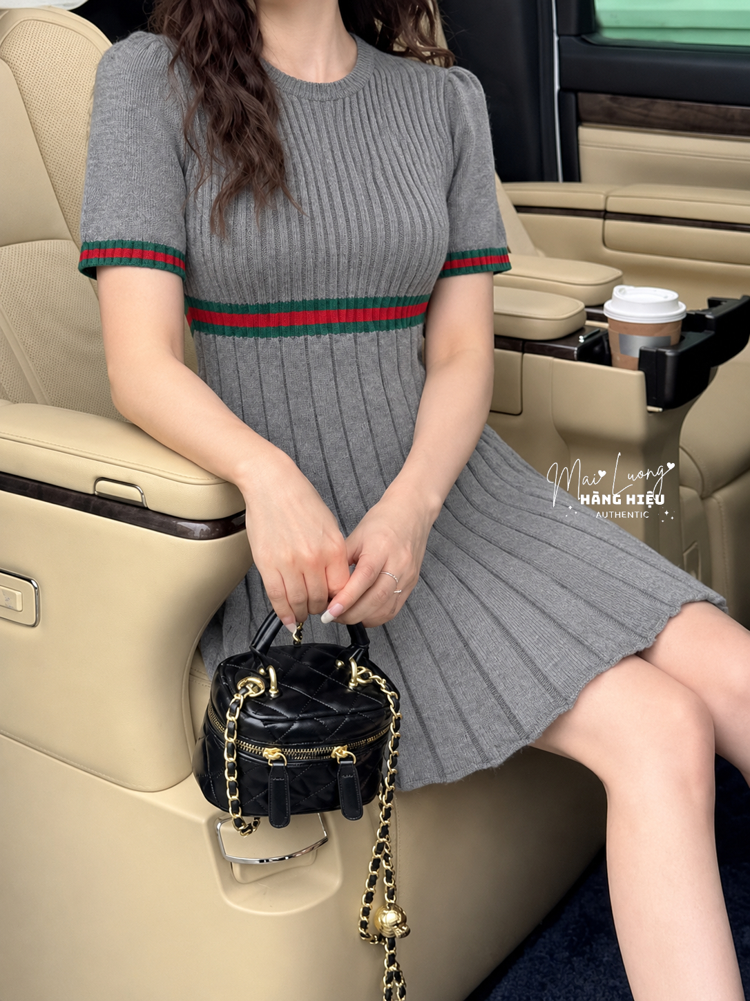 Váy len kid GG màu xám đậm eo màu xanh đỏ - 787050