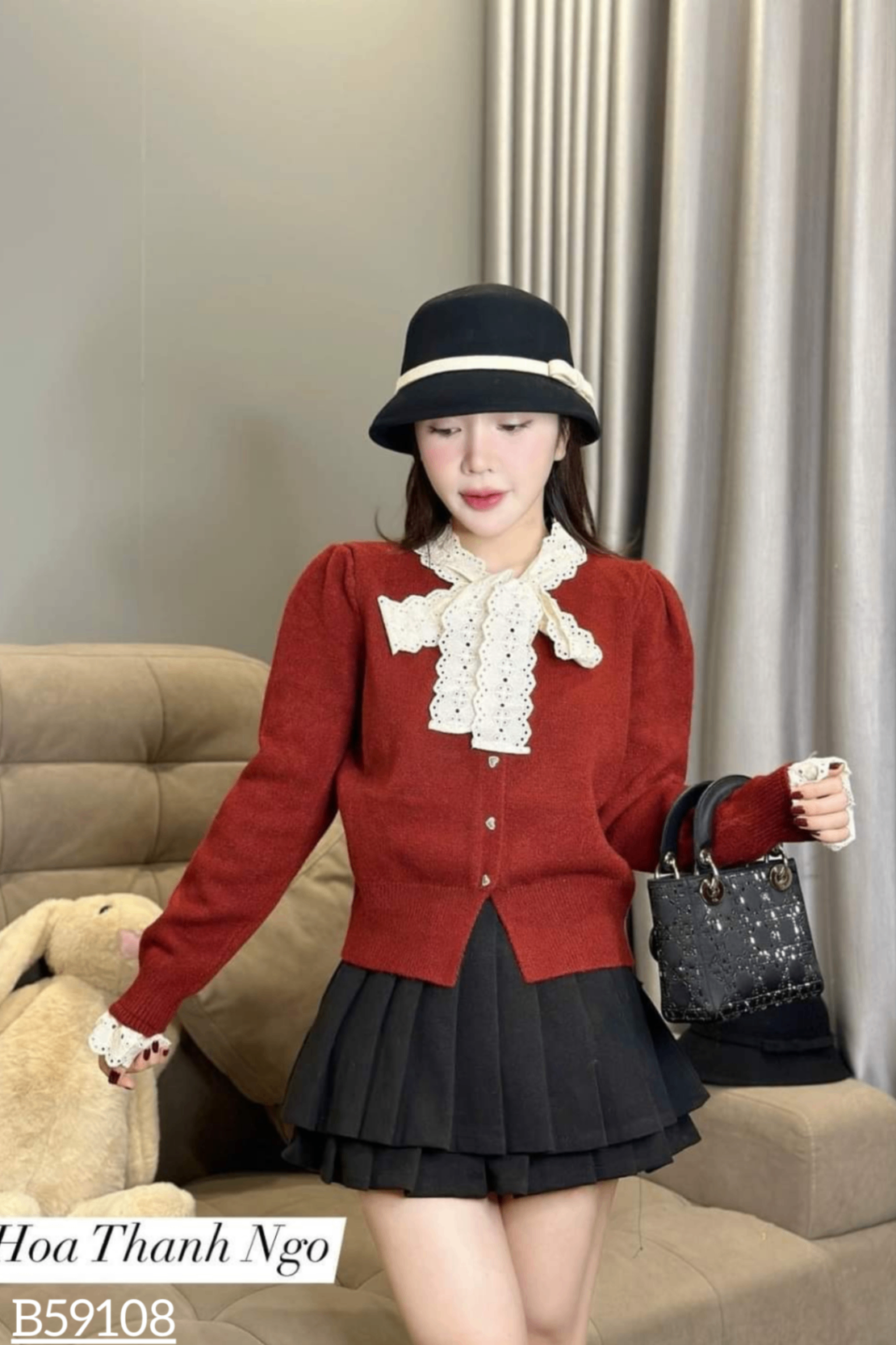 Cardigan len đỏ cố trắng