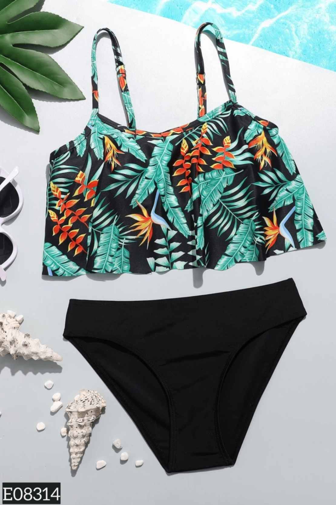 Set Bikini SHEIN Áo họa tiết lá xanh + quần đen