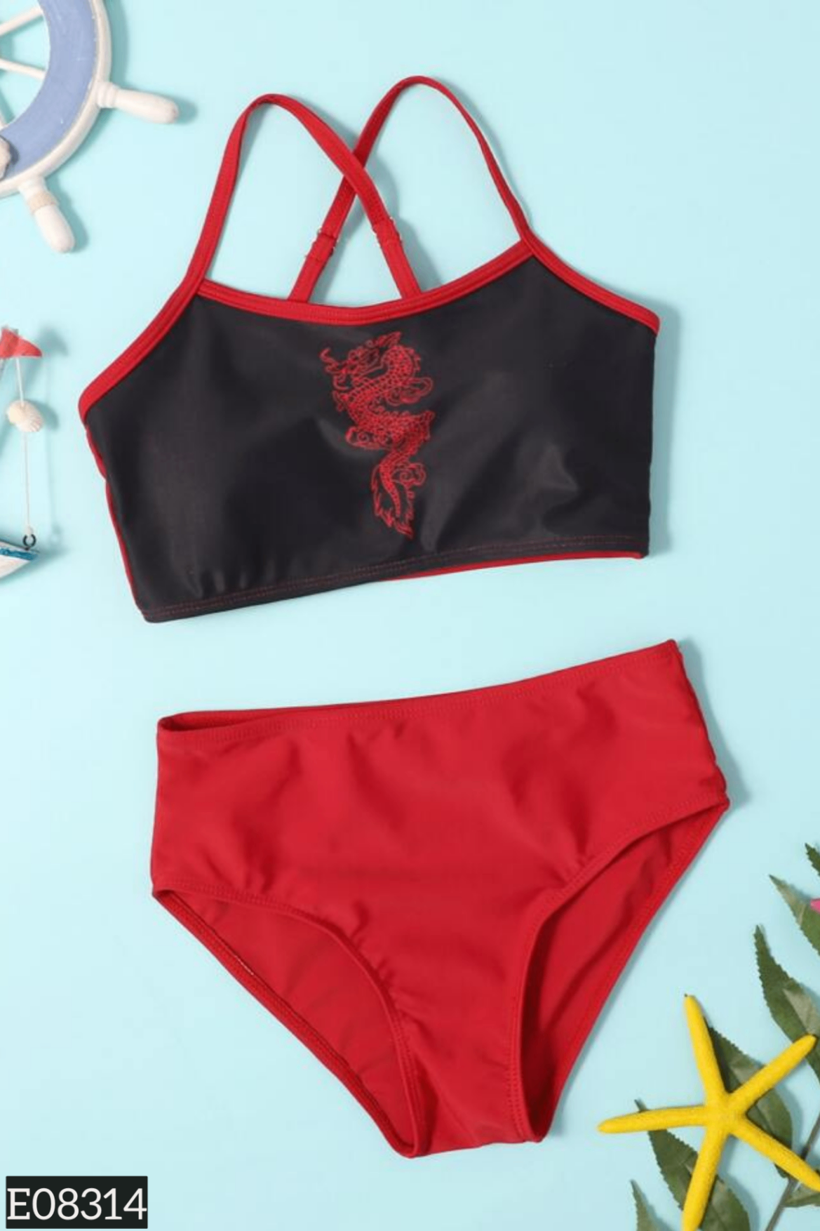 Set Bikini SHEIN 2 mảnh áo đỏ họa tiết + quần đen