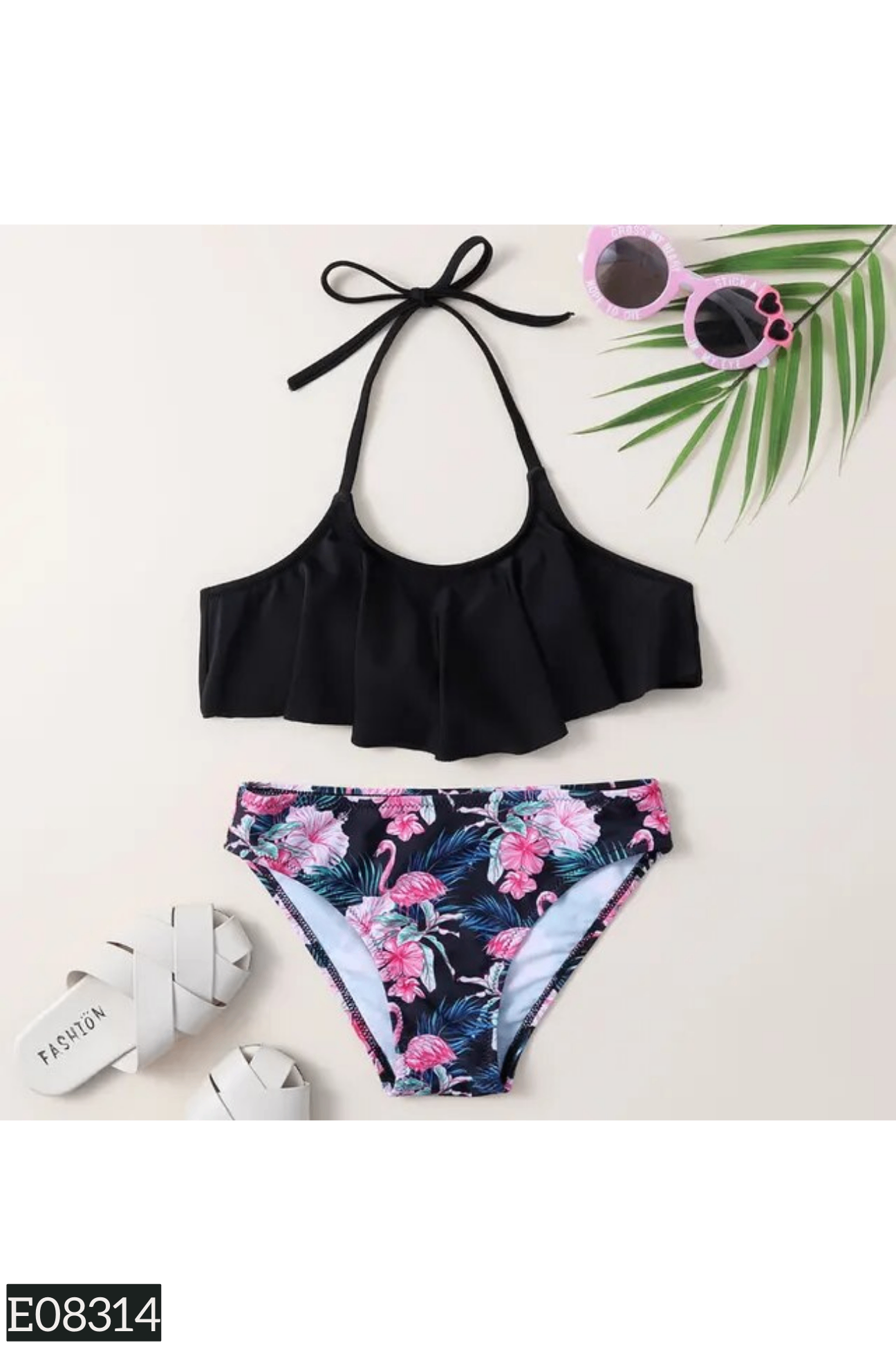 Set Bikini SHEIN áo đen + quần hồng hạc (140)