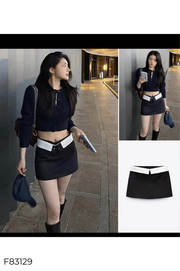 Quần shorts giả váy đen be cạp be (ZARA xuất)