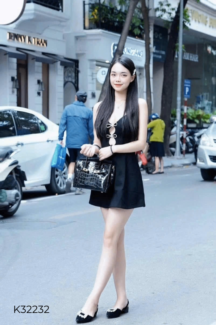 NEW Váy đen hai đây phối ghim cài nơ