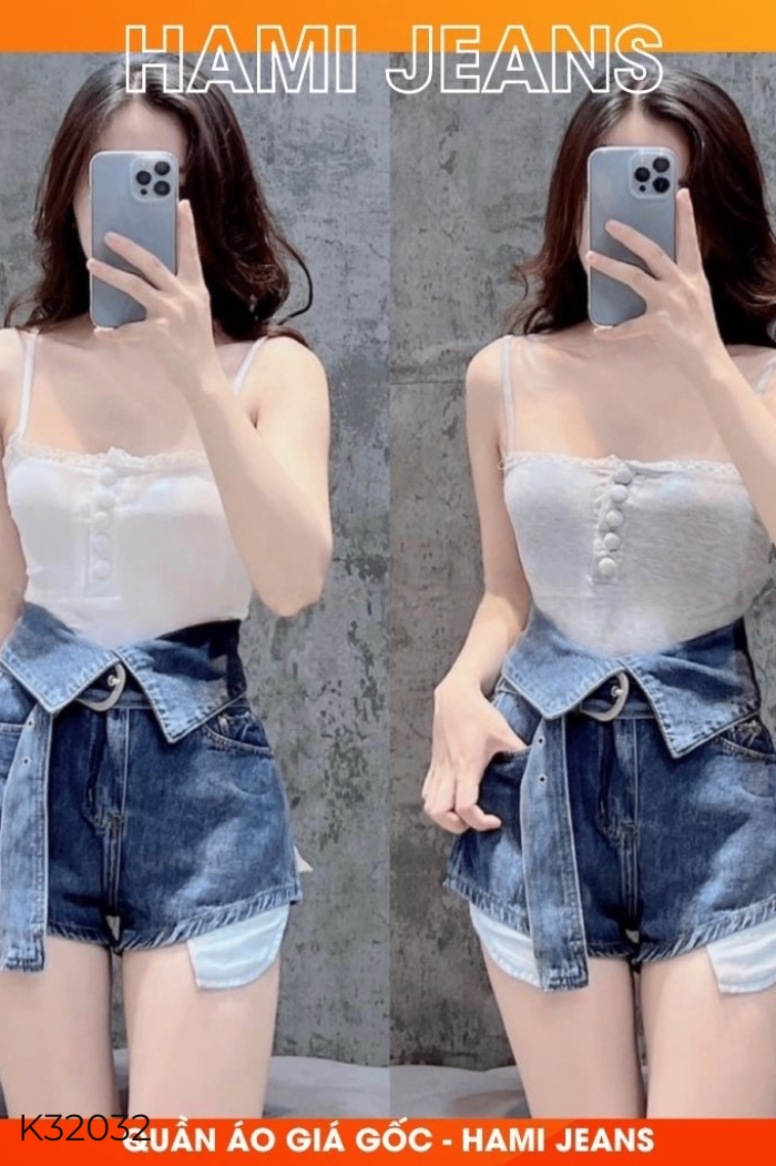 Quần short jeans xanh eo gập