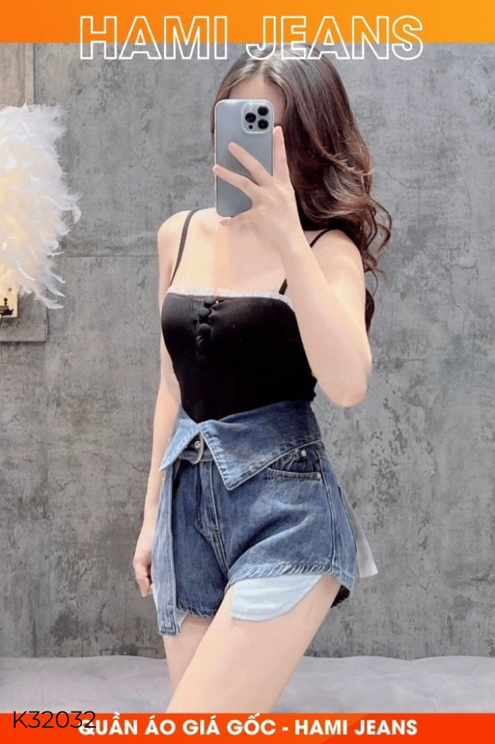 Quần short jeans xanh eo gập