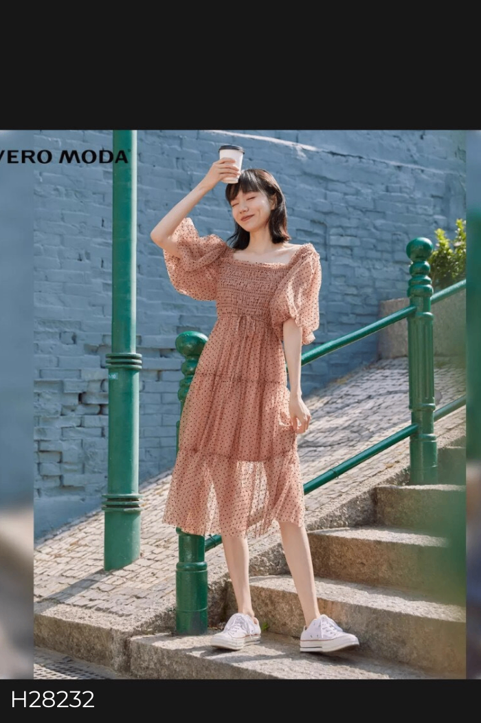 Váy lưới nâu chấm bi VERO MODA tay phồng