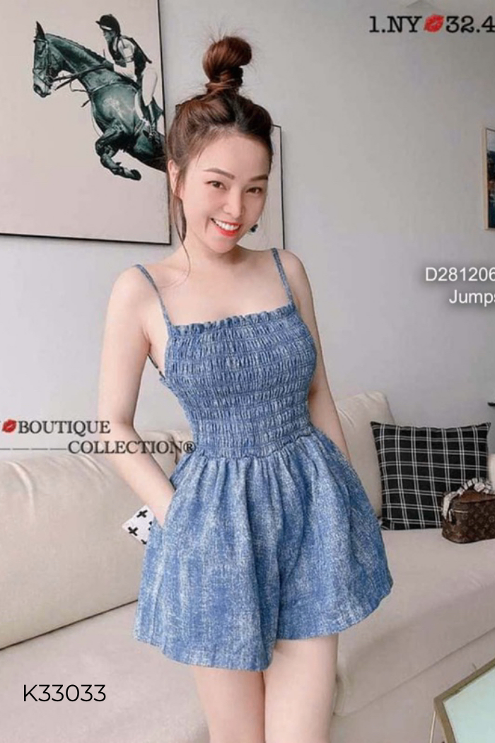 Jumpsuits hai dây chun jeans xanh