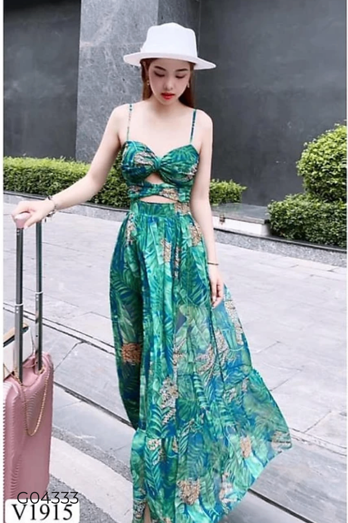 Váy 2 dây maxi xanh họa tiết