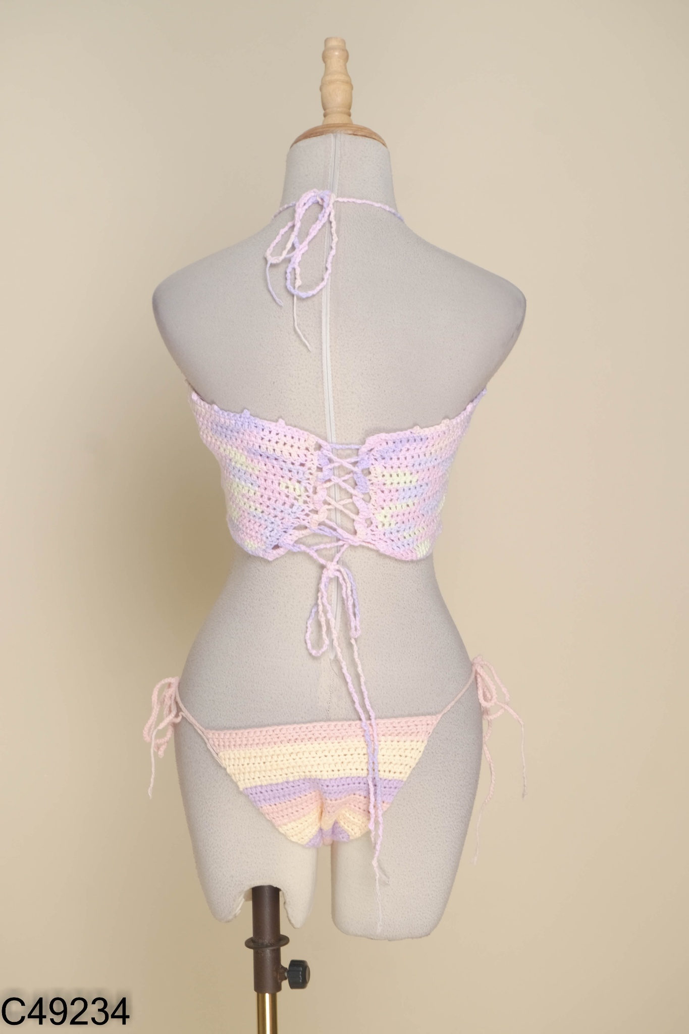 SET Bikini hồng phối vàng len