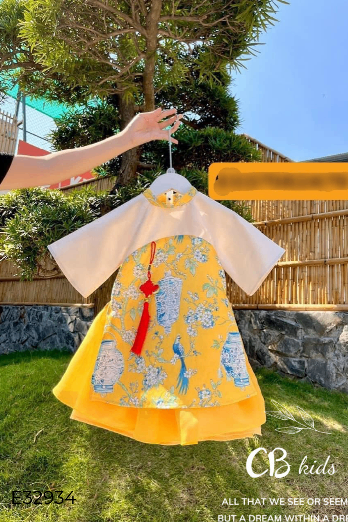 Set áo dài hoa vàng+váy+sược kids