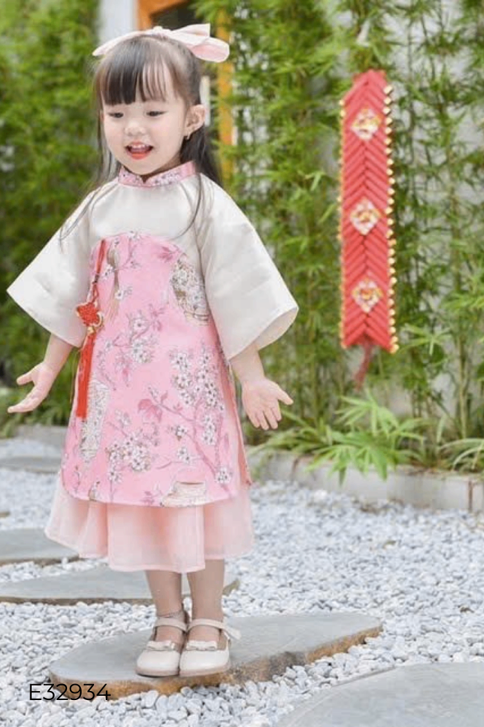 Set áo dài hoa hồng+váy+sược kids