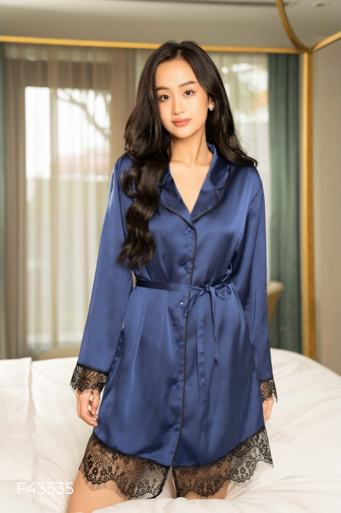 NEWTAG Váy pijama VENUS' SECRET pijama lụa xanh than ren đen