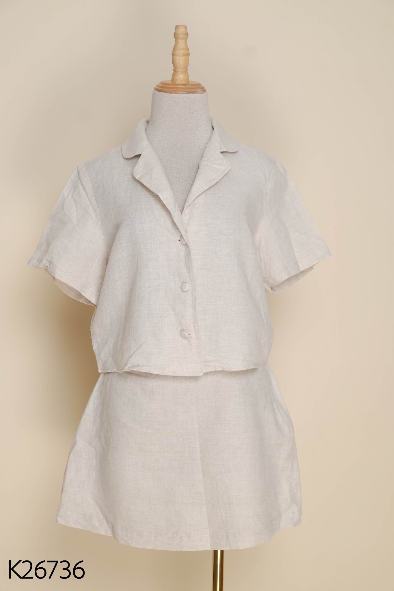 Set linen be áo cổ vest + quần giả váy