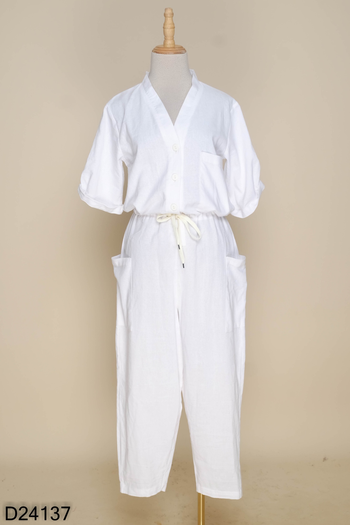 Jumpsuit trắng trơn rút eo