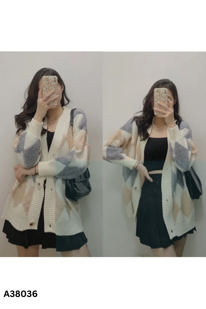 Áo khoác cardigan len be phối xám