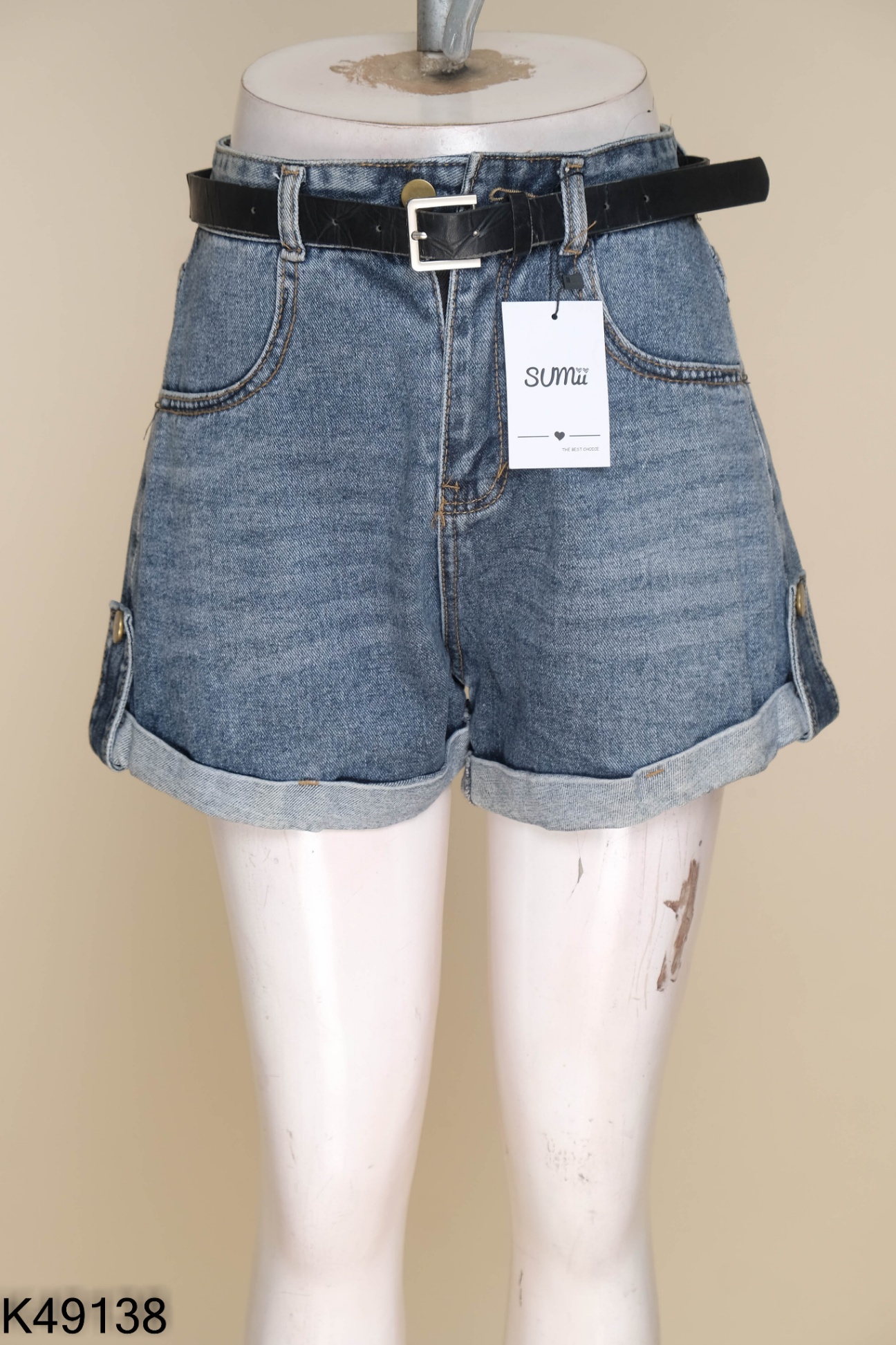 NEWTAG Quần shorts jeans xanh kèm thắt lưng