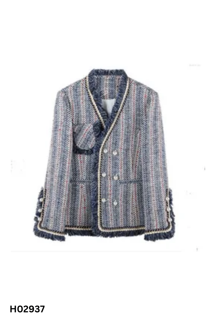 Áo khoác dạ tweed xanh phối màu