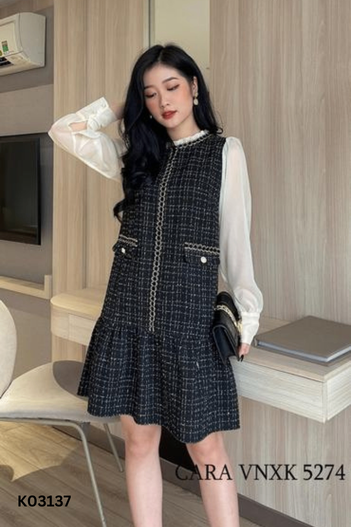 Váy PETBYCHANG dạ tweed đen phối trắng