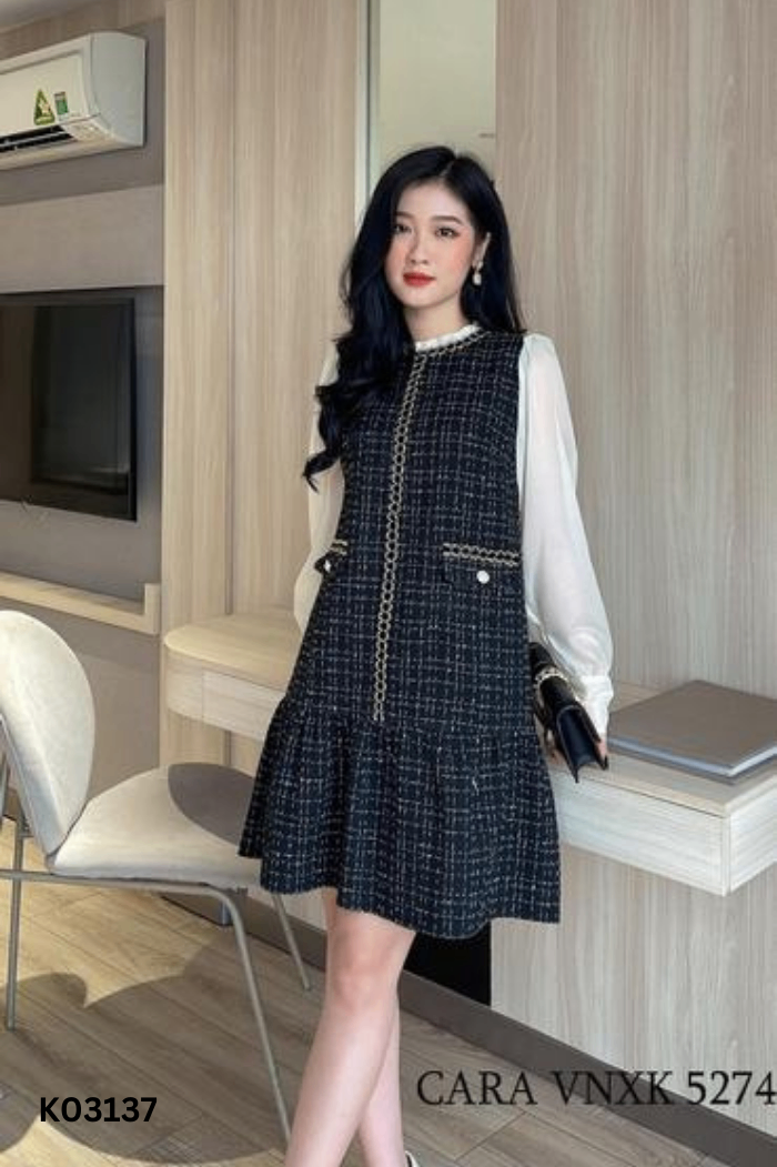 Váy PETBYCHANG dạ tweed đen phối trắng