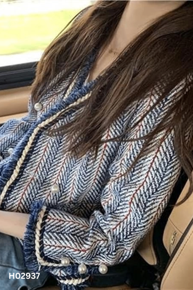 Áo khoác dạ tweed xanh phối màu