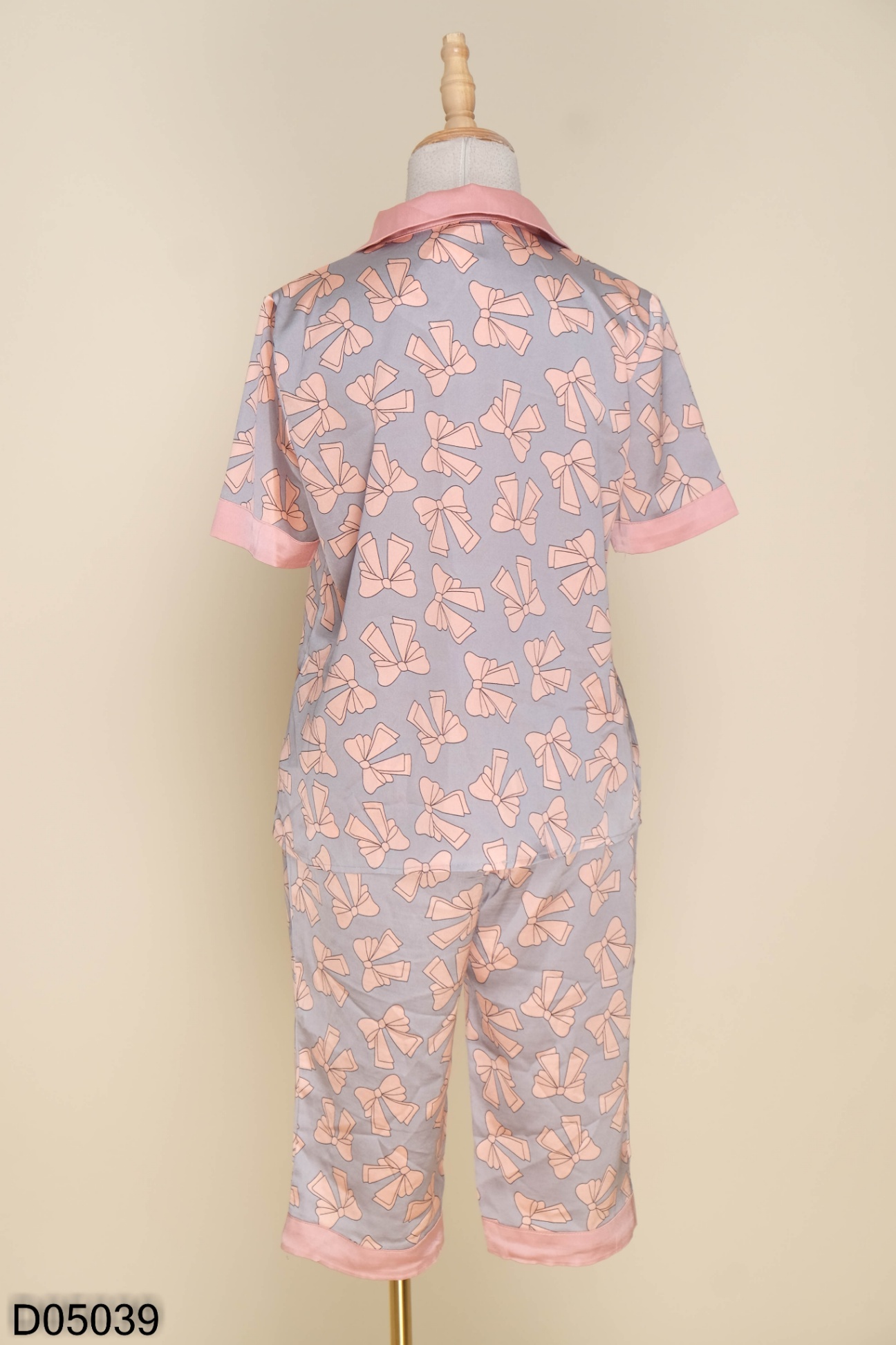 SET Pijama lụa xanh nơ hồng áo + quần dài